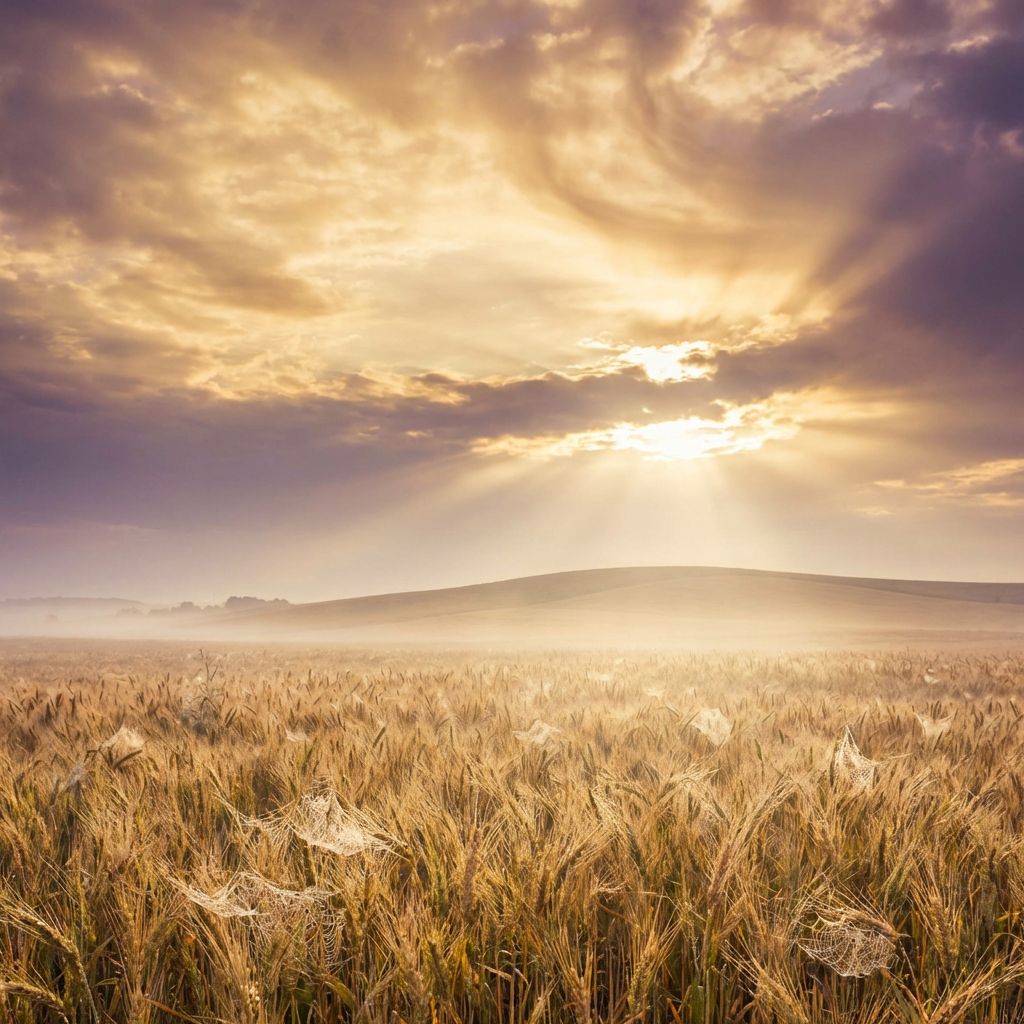 Sunrise over a misty wheat field with sunbeams breaking through clouds and visible spiderwebs.