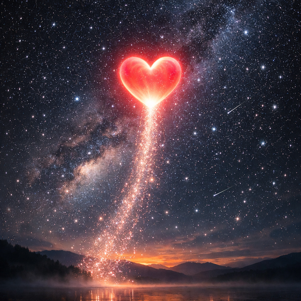Glowing red heart-shaped light rising into a star-filled night sky over mountainous landscape
