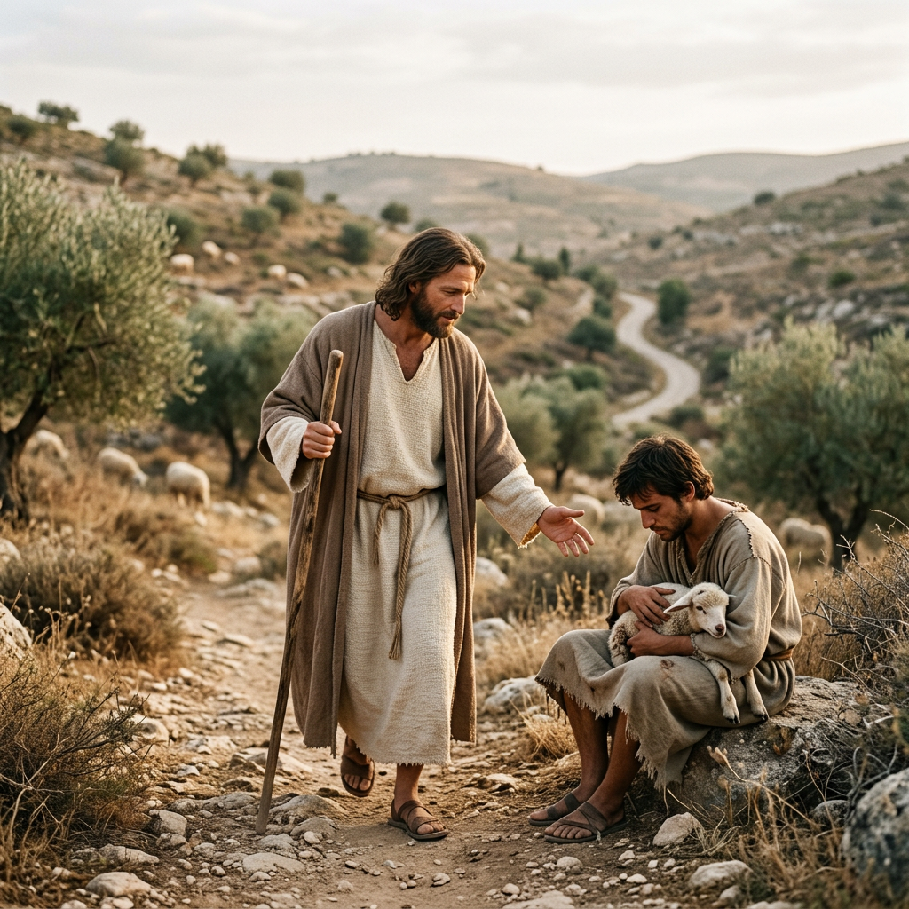 Man with staff talking to seated young shepherd holding lamb outdoors