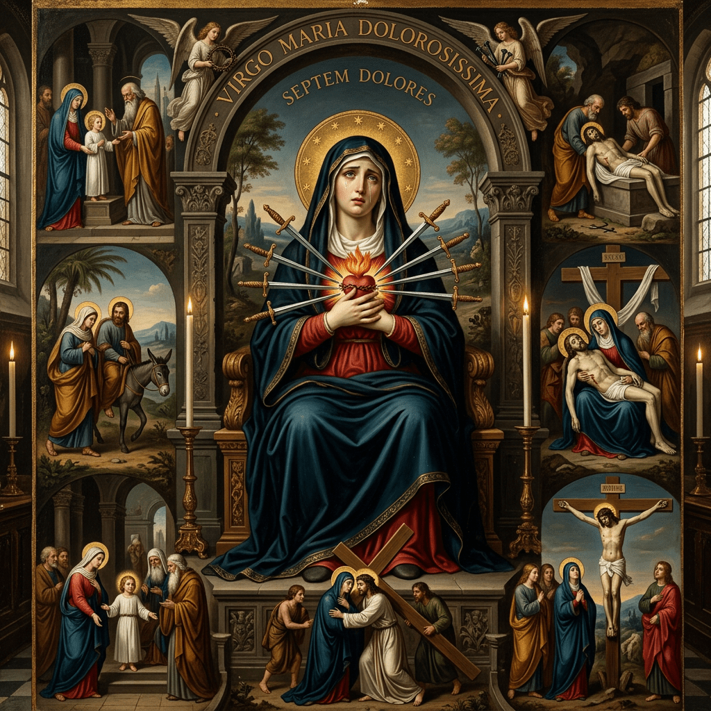 Virgin Mary with seven swords piercing her heart and surrounding biblical scenes