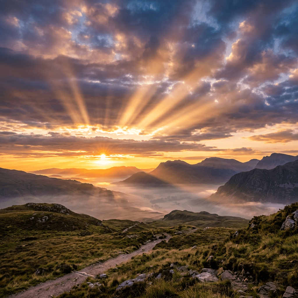 Sunrise with rays of light shining through clouds above misty mountains and a winding path