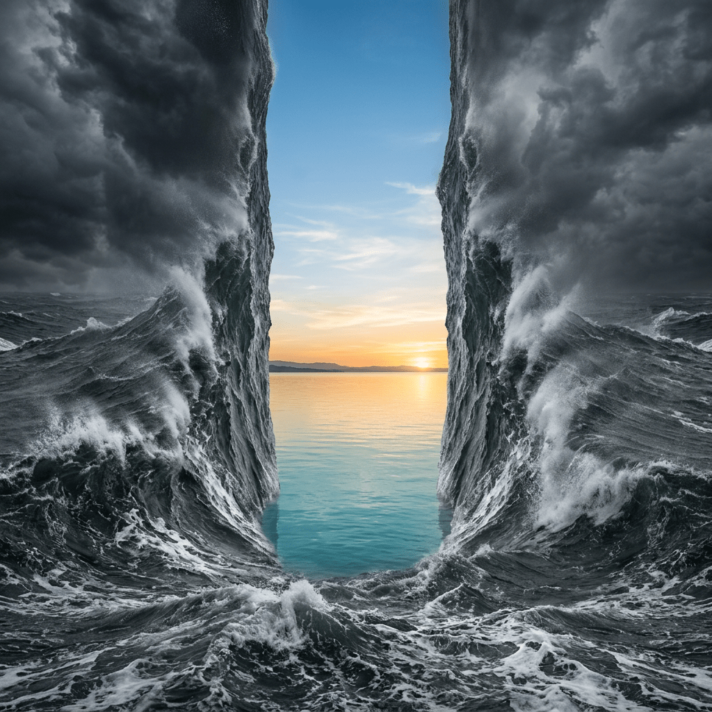Ocean waves parted in the middle revealing a calm sea and sunset