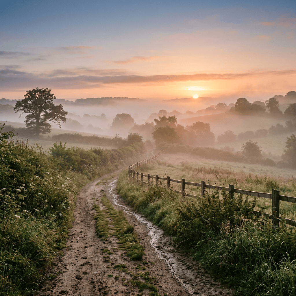 Dirt country path flanked by grassy fields and wooden fence at sunrise with morning mist