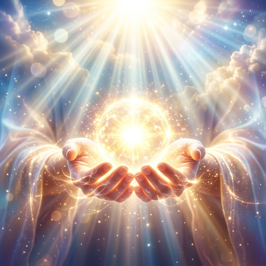 Hands holding a radiant glowing orb emitting beams of light