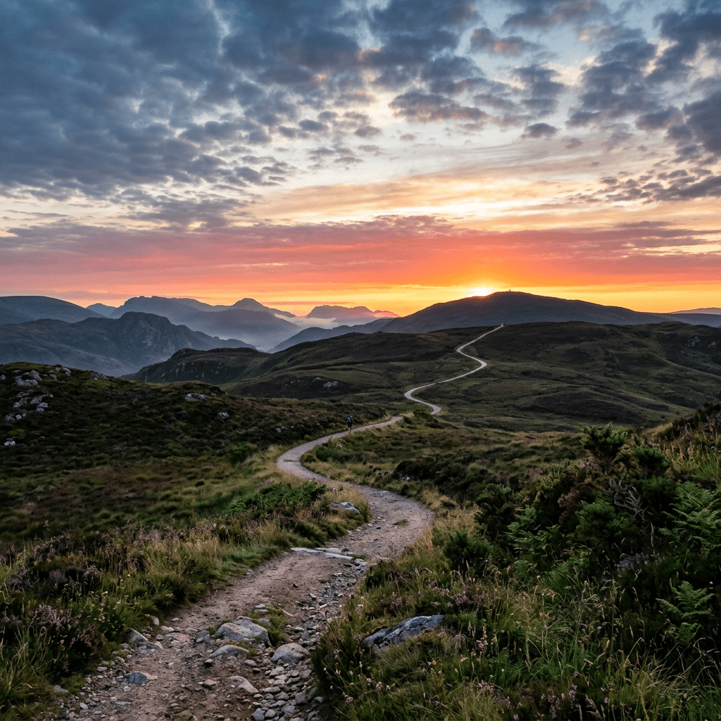 Winding dirt path through green hills towards a colorful sunset sky