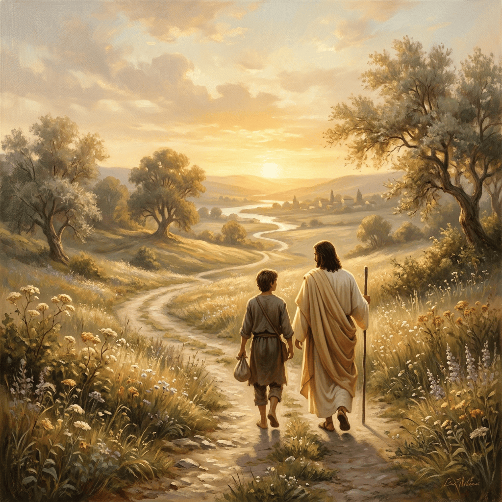 A robed traveler and child walking through a sunlit valley at sunset