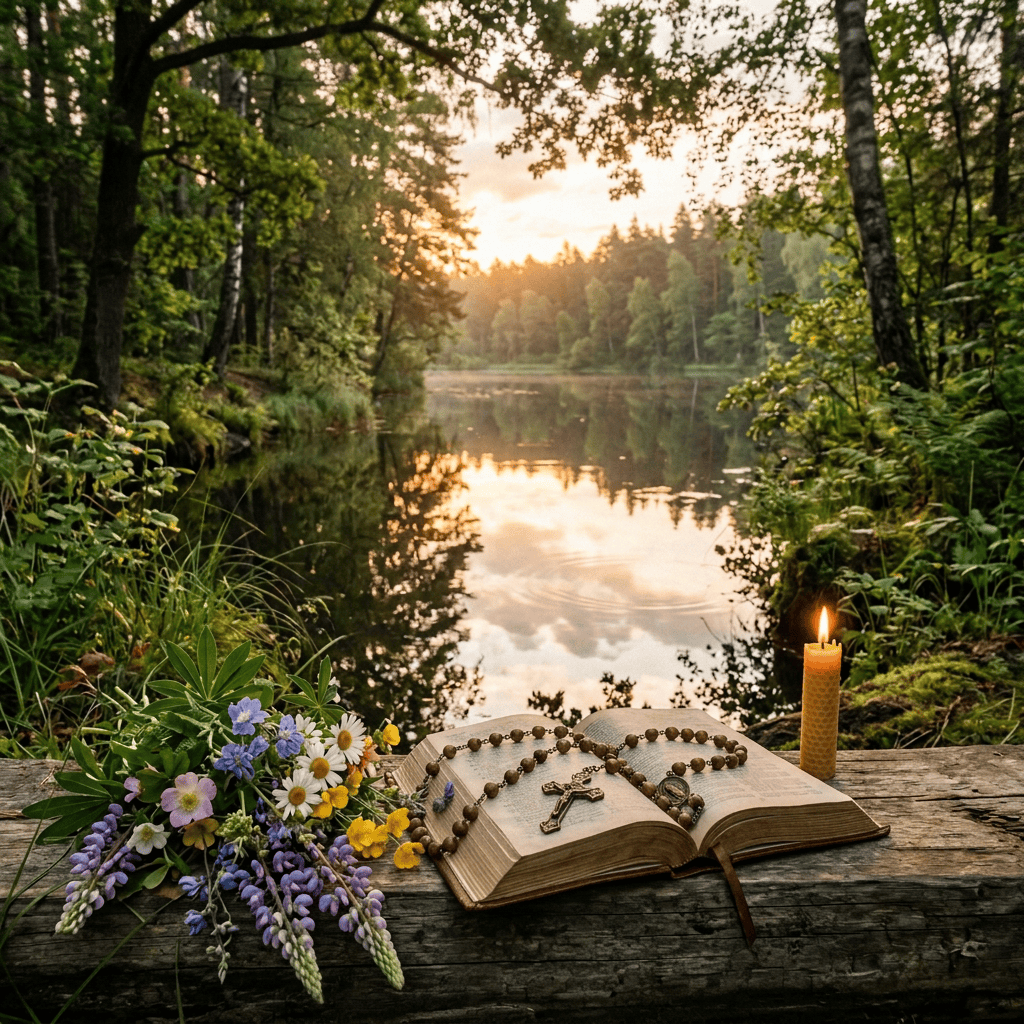 Open book, wildflowers, and candle beside a forest lake at sunset