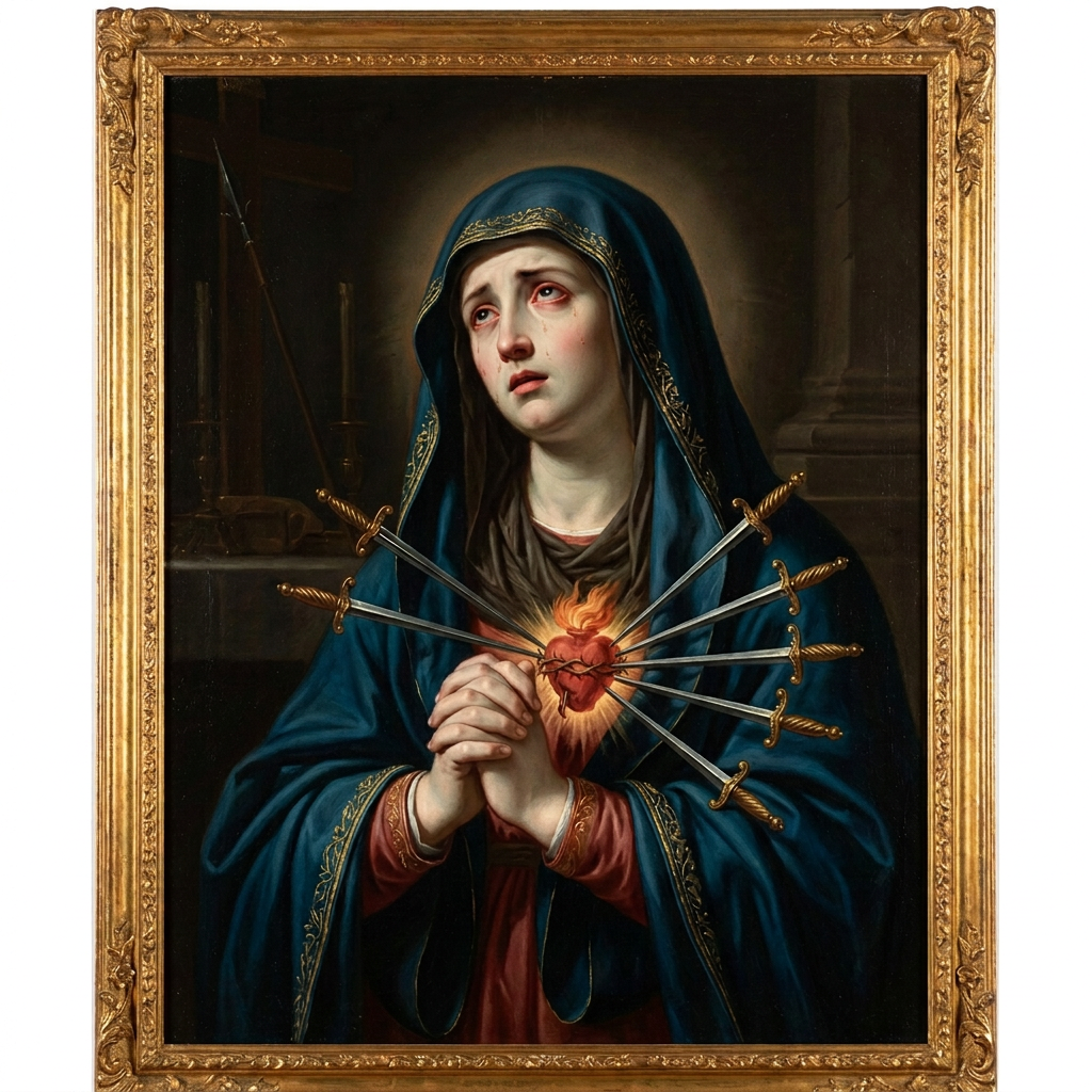 Veiled woman praying with seven swords piercing her glowing heart