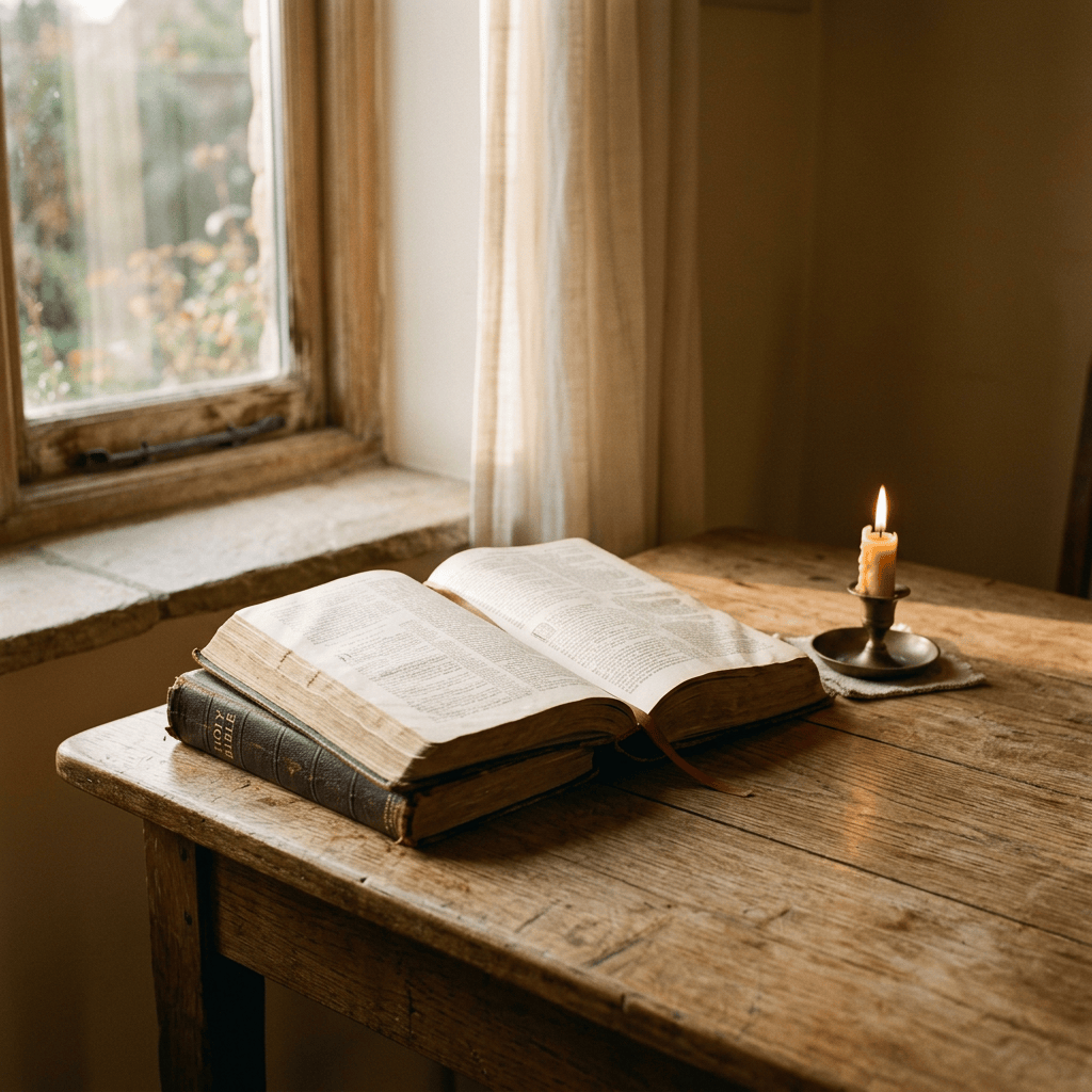 Open Bible and lit candle on a rustic wooden table by a window