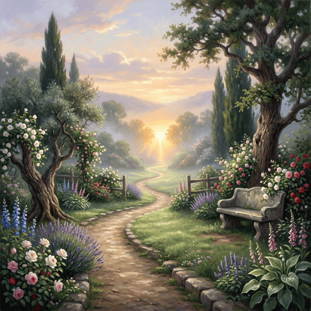 Flower-filled garden path leading toward a sunset with a bench