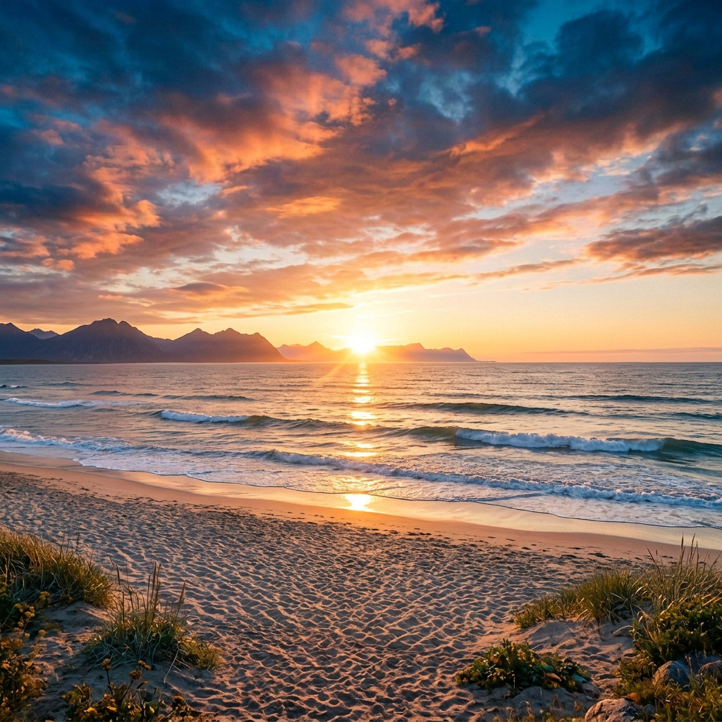 Two people viewing a sunset over a mountain-framed fjord and coastal village
