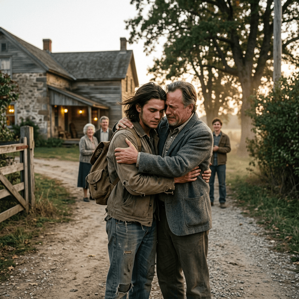 Two men embrace on a rural path as family members watch nearby