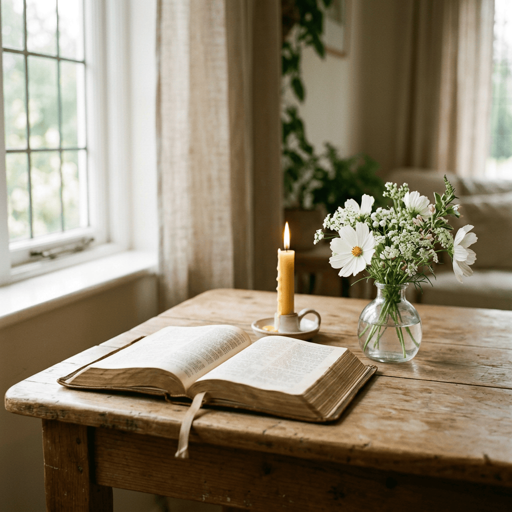 Open Bible, lit candle, and white flowers on a wooden table