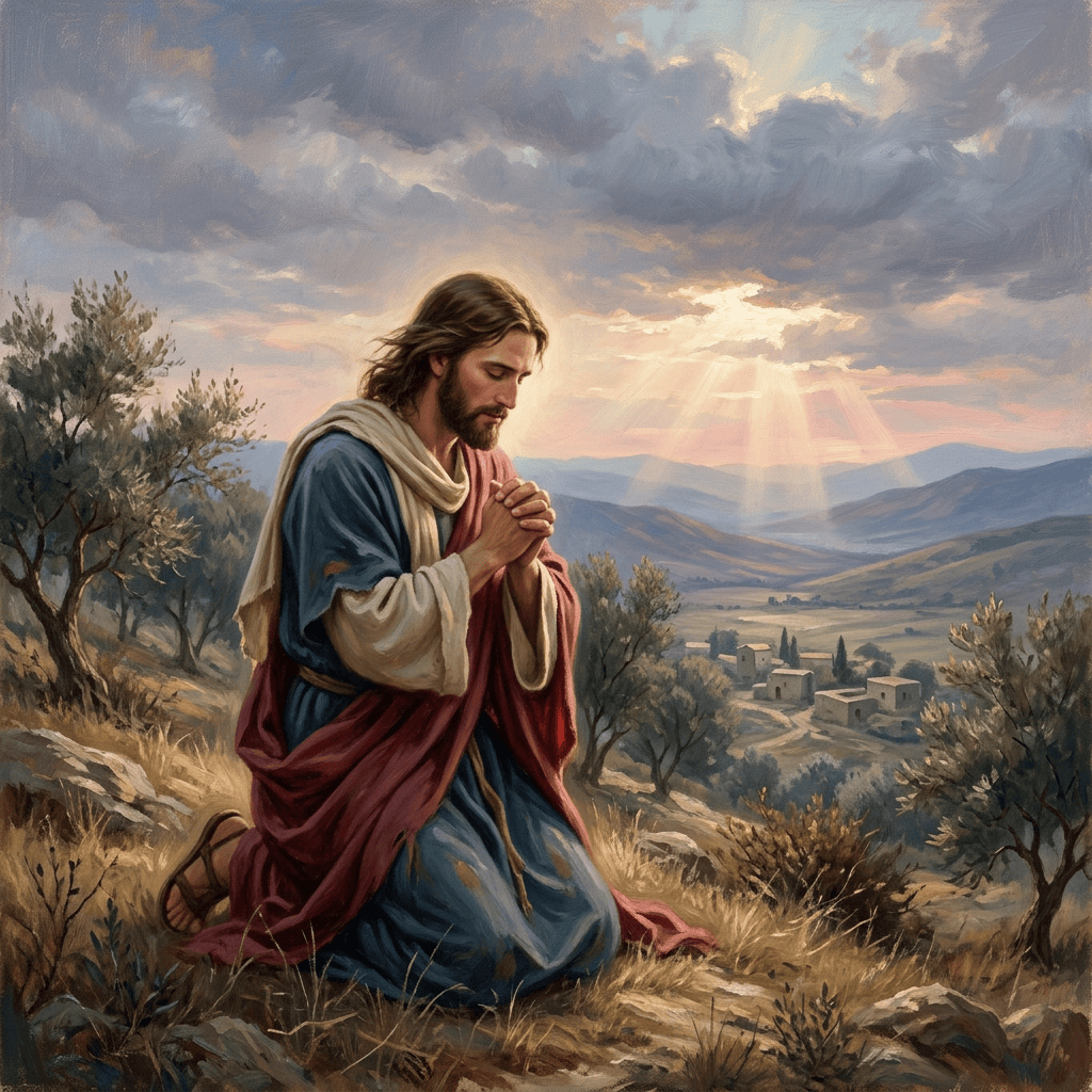 Bearded man in robes kneeling and praying above a mountain village