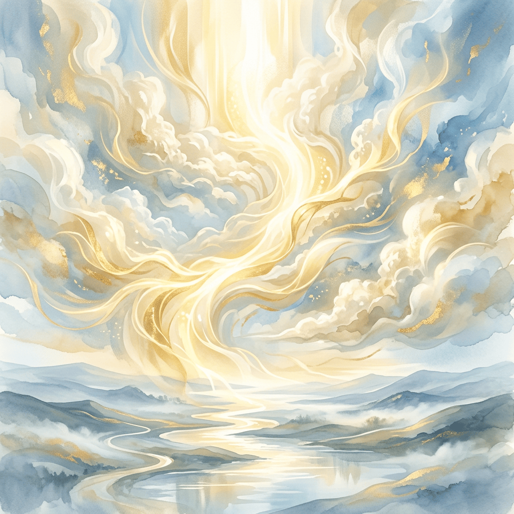 Watercolor mountain valley beneath swirling clouds and golden light