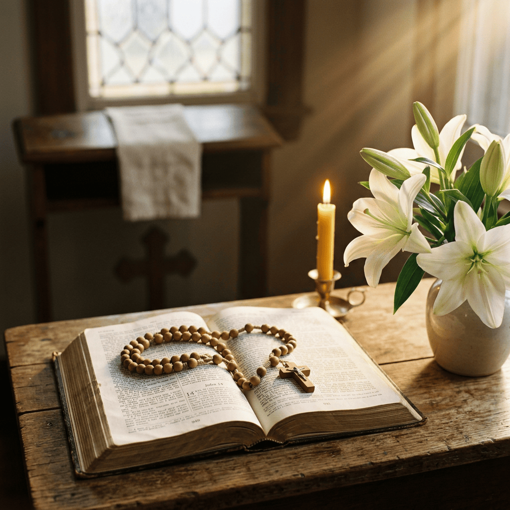 Open Bible with rosary, candle, and white lilies on a wooden table