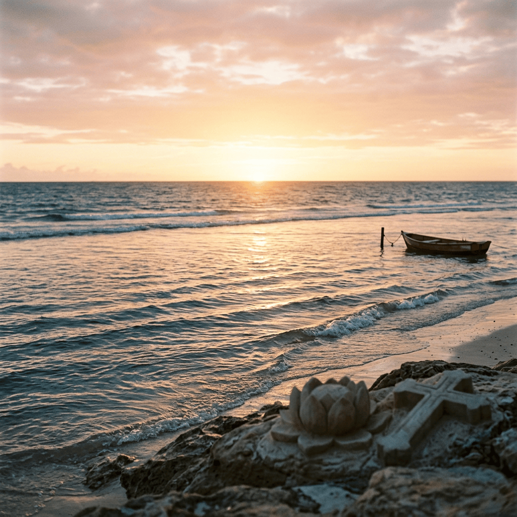 Sunset beach with a small boat and seaside memorial cross