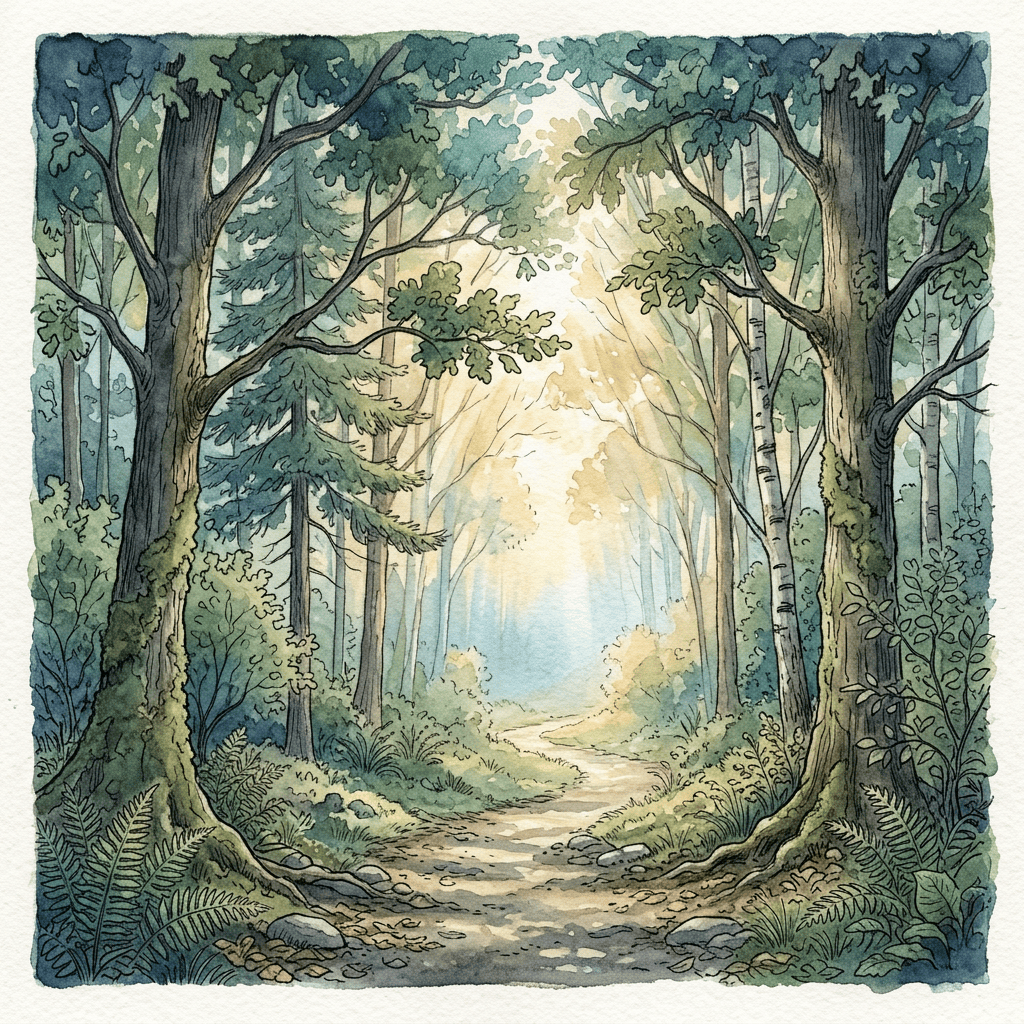 Sunlit forest path surrounded by tall trees and ferns